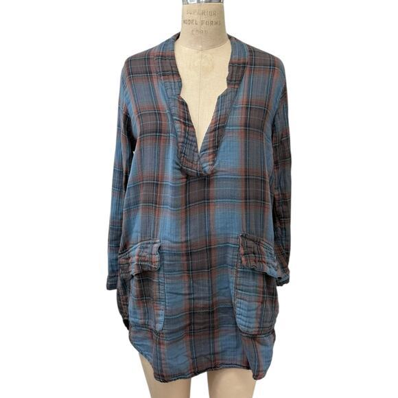 Free People x CP Shades Dress Size XS Blue Plaid Front Pockets Made in USA - Picture 1 of 8
